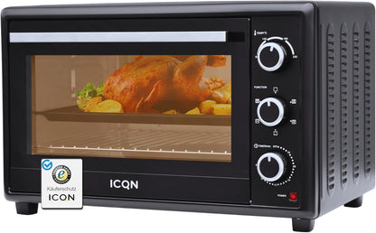 ICQN 50 liter mini oven | 1400 W | Circulerende lucht | Pizzaoven | Dubbele beglazing | Braadspit | Timer | Inclusief bakplaten set | Elektrische mini-oven | 40 ° -230 ° C | Geëmailleerd | zwart