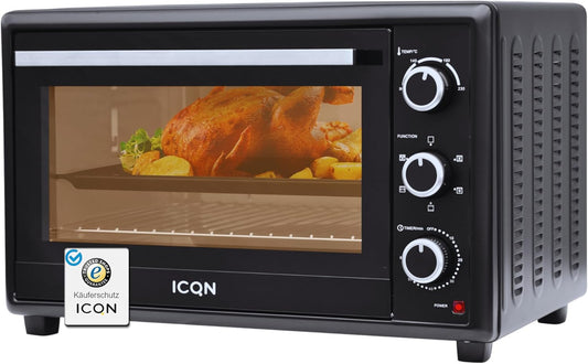 ICQN 50 liter mini oven | 1400 W | Circulerende lucht | Pizzaoven | Dubbele beglazing | Braadspit | Timer | Inclusief bakplaten set | Elektrische mini-oven | 40 ° -230 ° C | Geëmailleerd | zwart