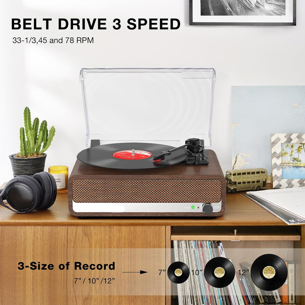 Platenspeler - Geïntegreerde Luidsprekers - Vintage Fonograaf - met Bluetooth-Riemaandrijving - 3 snelheden - voor Muziekgenot - Woondecoratie - Hout - Walnoot