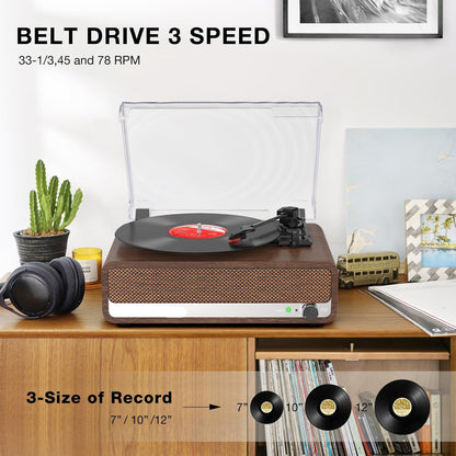 Platenspeler - Geïntegreerde Luidsprekers - Vintage Fonograaf - met Bluetooth-Riemaandrijving - 3 snelheden - voor Muziekgenot - Woondecoratie - Hout - Walnoot