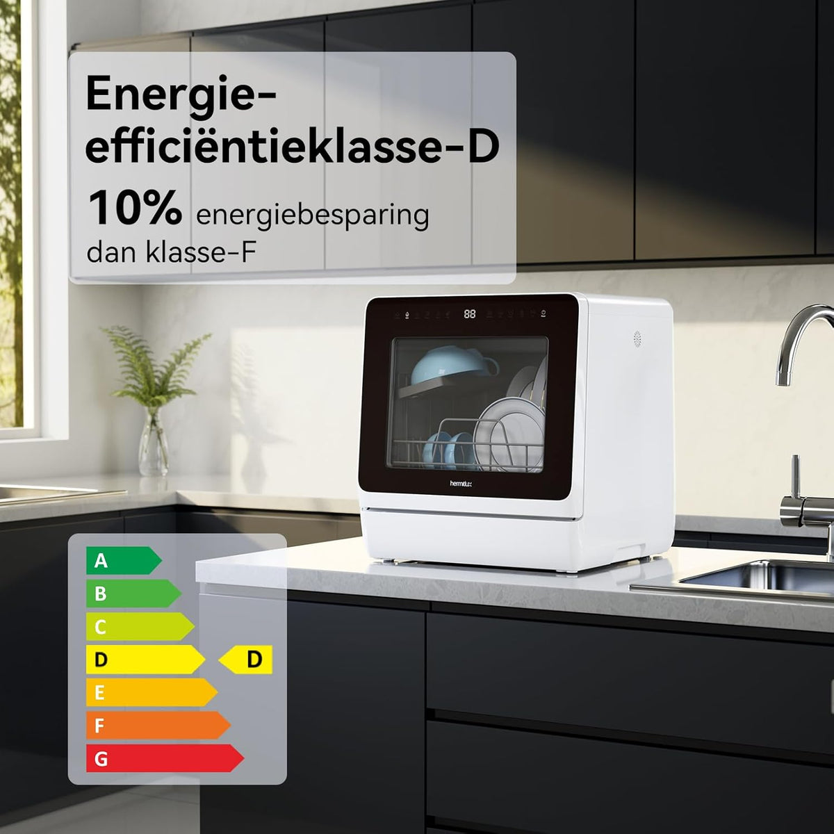 Hermitlux Tafelvaatwasser, mini-vaatwasser met 7 + 3 programma's, 5 couverts, 5 l watertank, startvertraging en kinderbeveiliging
