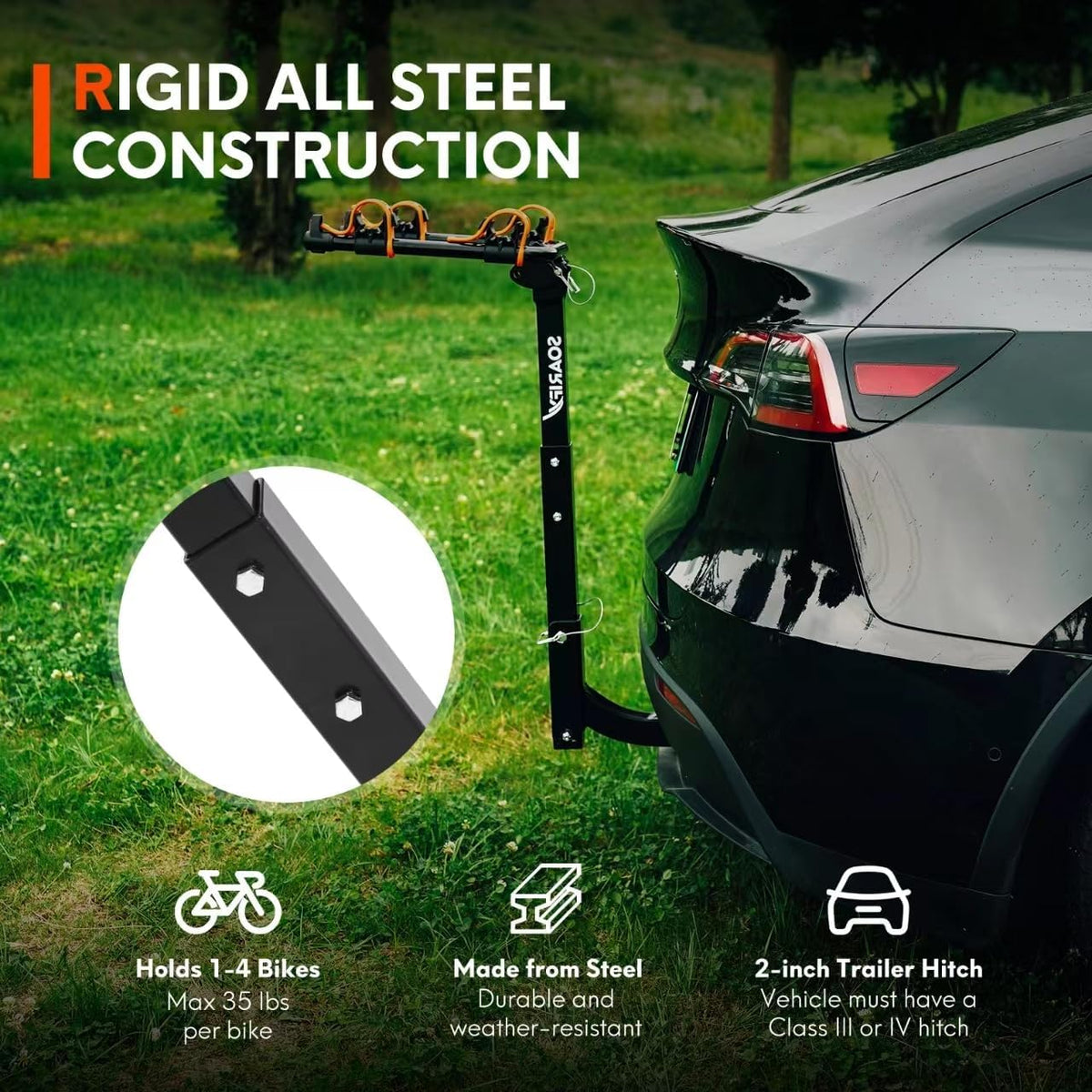 Bicycle Rack for Car, SUV, RV, Bike Rack Tow Bar Mount, Tow Bar Bike Rack 2, Up to 70 lbs Load Bike Carrier Rubber Tires, Tilt Unlock, Bike Rack with 2 Inch Tow Bar for - QUORE