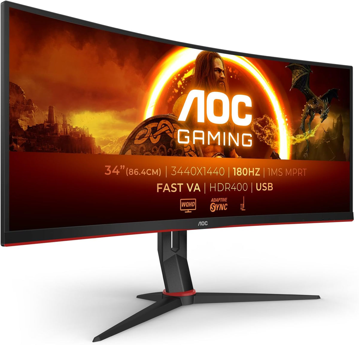 AOC Gaming CU34G2XPD - 34 inch WQHD Curved Monitor, 180 Hz, 1ms, FreeSync Premium (3440 x 1440, HDMI, DisplayPort, USB Hub) zwart/rood