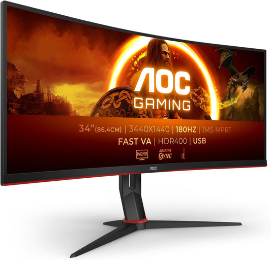 AOC Gaming CU34G2XPD - 34 inch WQHD Curved Monitor, 180 Hz, 1ms, FreeSync Premium (3440 x 1440, HDMI, DisplayPort, USB Hub) zwart/rood