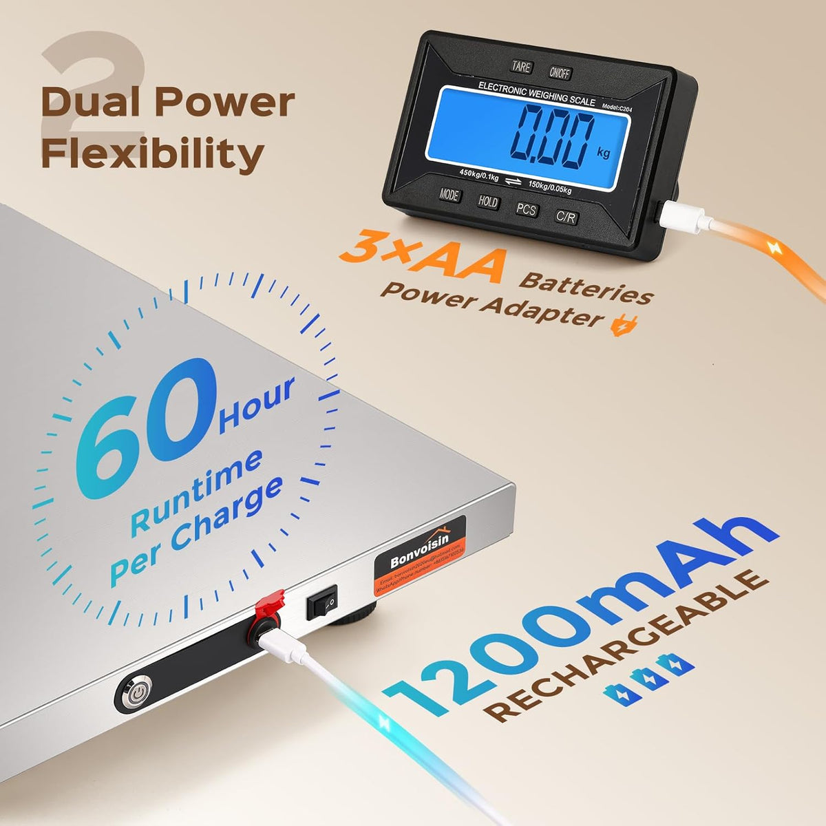 Bonvoisin Draadloze postweegschaal 450 kg met apart lcd-display, platform van roestvrij staal, dubbele stroomvoorziening met batterijen en net, kg/lb/oz/lb: oz, Tara/Hold/Countr-functie (450 kg GB)