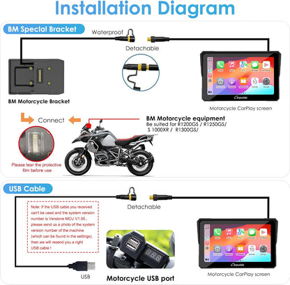 Carpuride W702B motorfiets GPS Carplay scherm met designhouder voor BMW motorfietsen, draadloze CarPlay en Android auto, draagbaar waterdicht 7 inch touchscreen, Bluetooth Trans, navigatie, Siri.