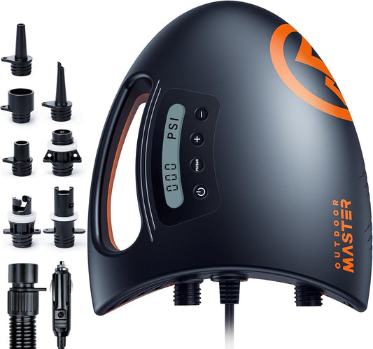 OutdoorMaster The Shark Hogedruk SUP-pomp - Elektrische luchtpomp met 20 PSI actief koelsysteem Slimme tweetraps inflatie en automatische uitschakeling voor opblaasbaar peddelbord, boten, watersport-opblaasboten met C7- en H3-klep