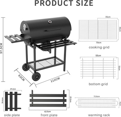 TEENO Houtskoolgrill, XXL-keukengrill met twee planken, verstelbare ventilatie, grillbal, draagbare houtskoolgrill (met doekdeksel)
