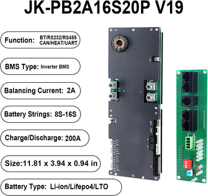 JKBMS Omvormer BMS 8S-16S 24V-48V 200A - V19 Home Energy Storage BMS met UART voor nieuw display, 2A actieve balans, ingebouwde Bluetooth, RS485 & CAN, voor zonnestelsel (JK-PB2A16S20P V19)