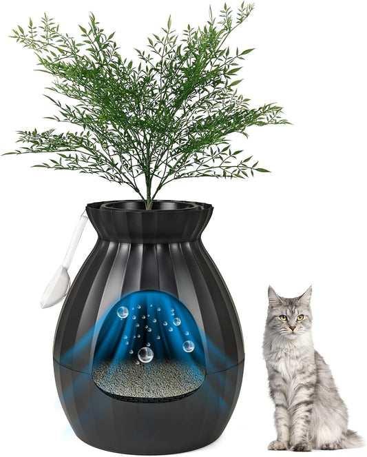 FANTASK Kattenbak, 50 x 50 x 59 cm, kattenbak met elektronisch geurverwijderingssysteem, bloempotstijl met kunstplant en kiezelstenen, zwarte kattenbak