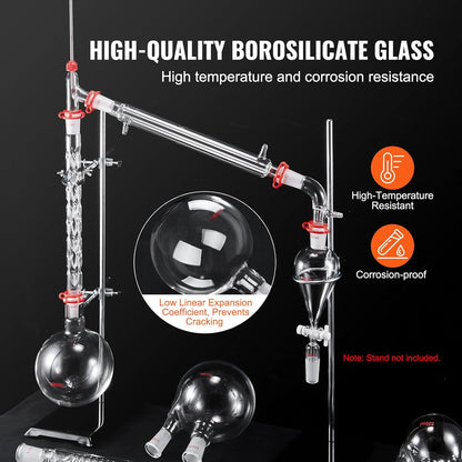 Laboratoriumglasdistillatieset – Glasdistillatieset – Laboratoriumdestillatieset – Destillatieset – Distillatieapparatuur – 32-Delige Set 1000 Ml – Hittebestendig Borosilicaatglas 3.3 – 24/40 Slijpverbindingen
