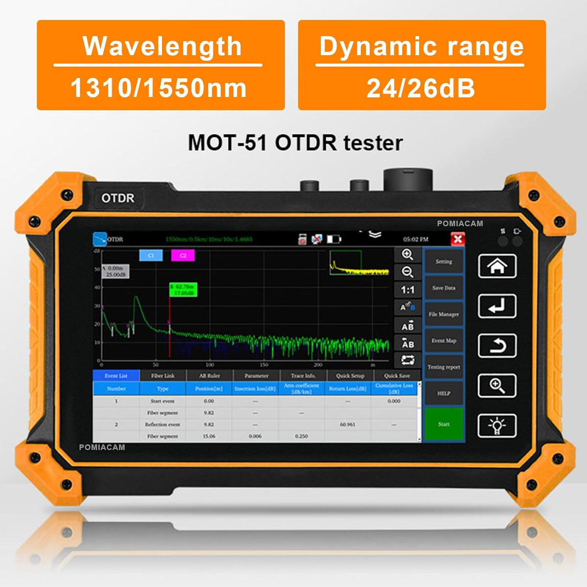 OTDR Vezel Optische Tester MOT-51C 1310/1550nm 26/24dB 5.5 "OLED Touchscreen Ingebouwde VFL OPM LS (Lichtbron) OLT (Optische Verlies Test) Gebeurteniskaart