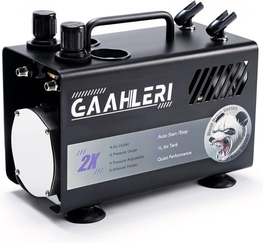 Gaahleri Airbrush Schilderen Kit met Compressor Luchttank 1L Dual Air Outlet Systeem Geavanceerde Luchtborstel Gids Handleiding Cake Decoreren, Nail Tattoo Schilderen, Model Kleuring Multifunctioneel