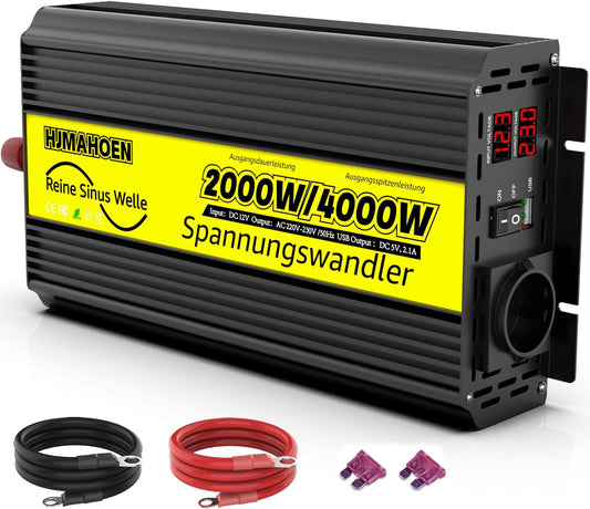 Omvormer 12V naar 230V 2000w/4000w zuivere sinusspanningomvormer, voor thuis, camper, vrachtwagen, met geïntegreerde 5V/2.1A USB-aansluiting