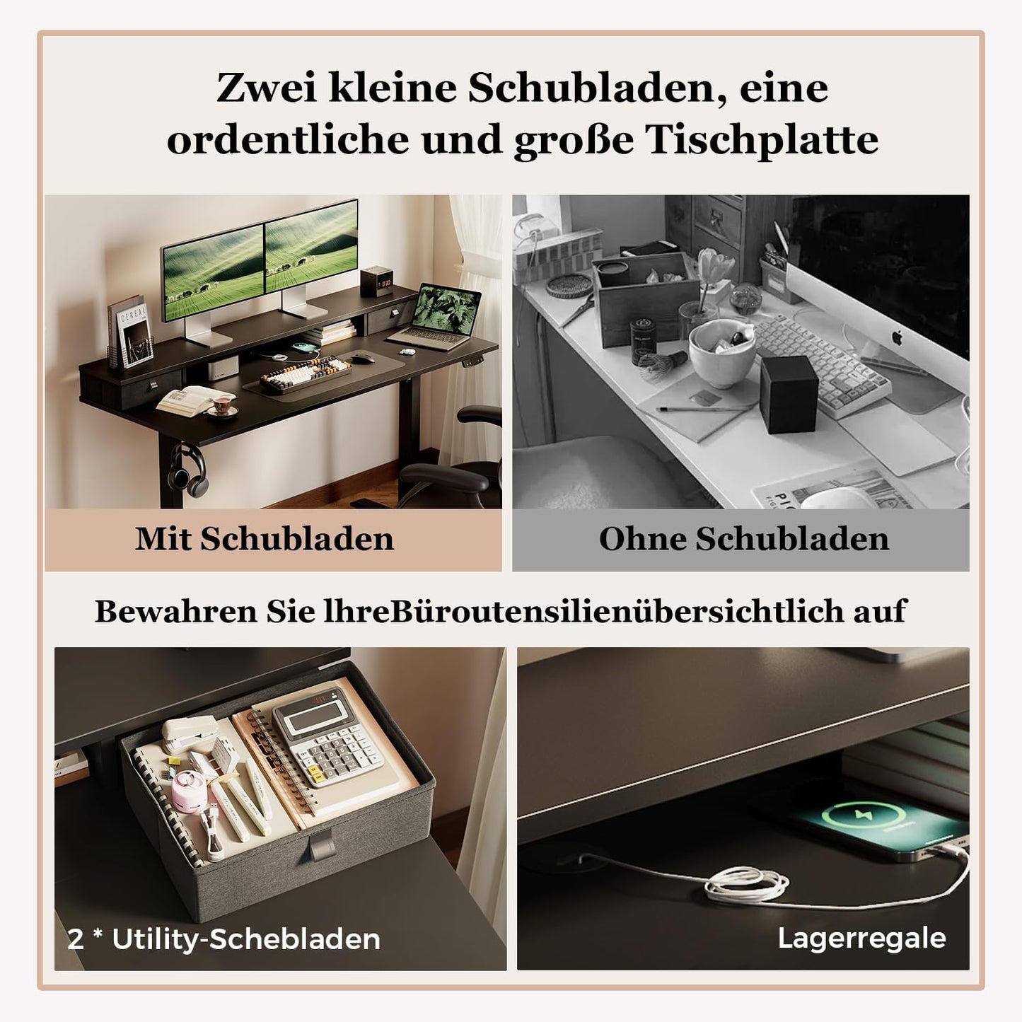 Klicelor Verstelbaar Bureau in Hoogte met Dubbele Lades, Elektrisch Verstelbaar Bureaux in Hoogte, Ergonomisch Sta bureau, 140x60, Zwart