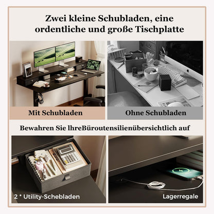 Klicelor Verstelbaar Bureau in Hoogte met Dubbele Lades, Elektrisch Verstelbaar Bureaux in Hoogte, Ergonomisch Sta bureau, 140x60, Zwart