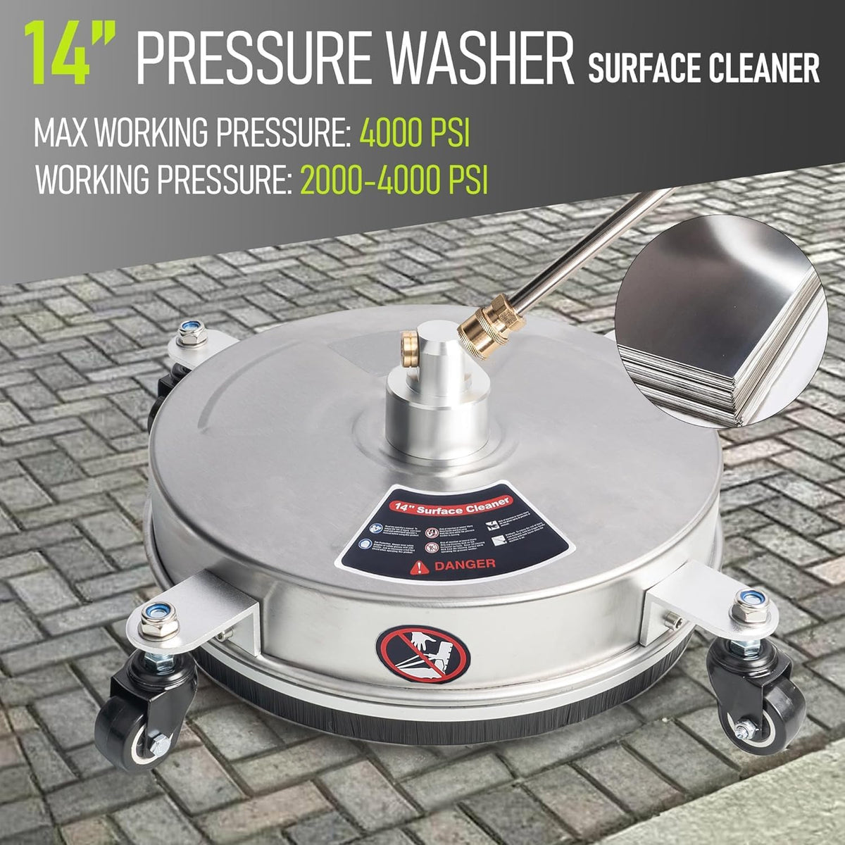 Oppervlaktereiniger – Terrasreiniger – Dekreiniger – Hogedrukreiniger Accessoire – Patio Cleaner – 14 Inch Reinigingsbreedte – Roestvrij Staal Met 4 Wielen