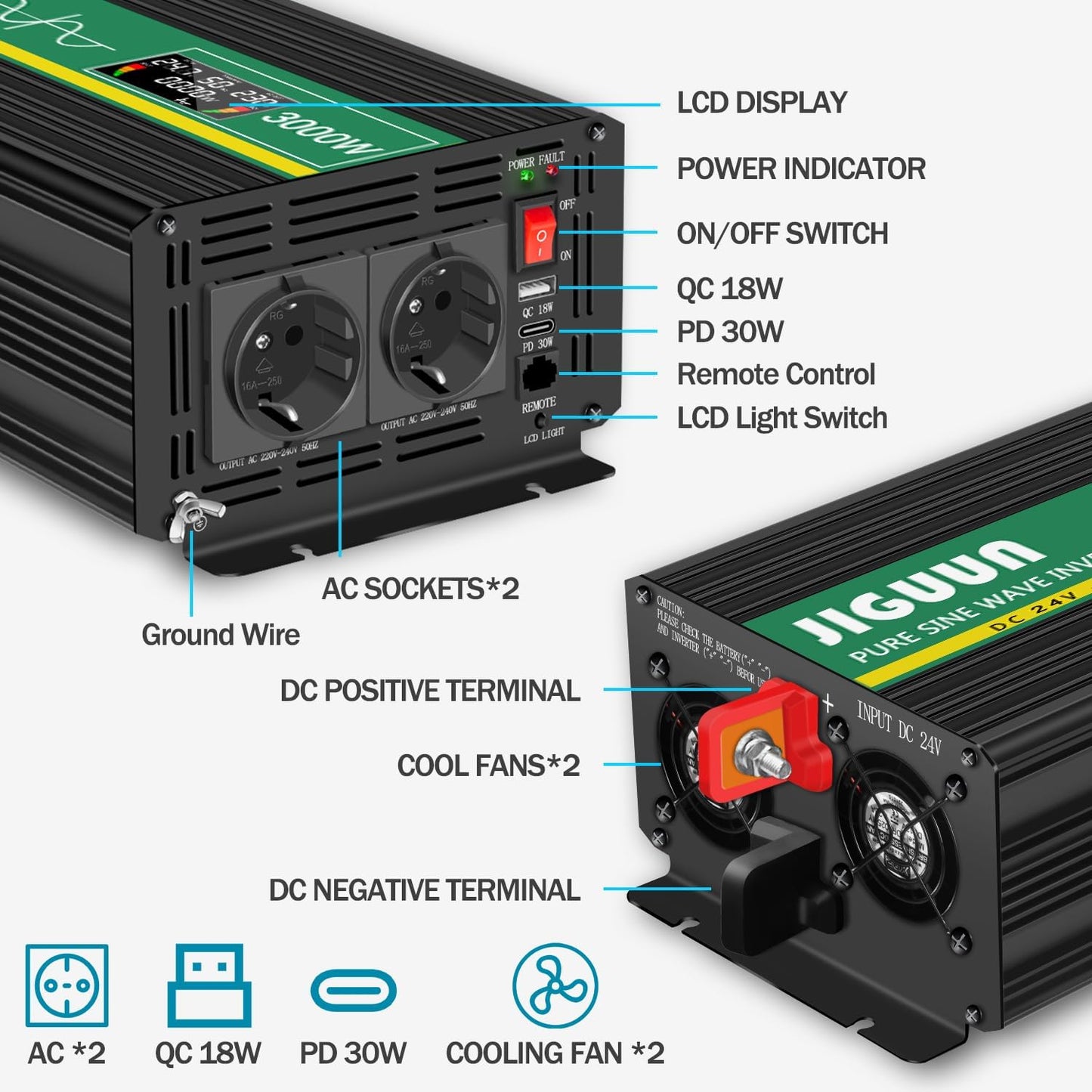 JIGUUN 3000W/4000W omvormer 24v naar 230v zuivere sinus Converter power inverter met afstandsbediening LCD-scherm 2 Eu-stopcontact & 1 USB-poort voor auto, camping, reizen,noodgeval