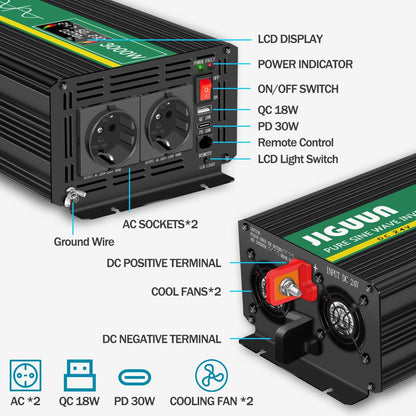 JIGUUN 3000W/4000W omvormer 24v naar 230v zuivere sinus Converter power inverter met afstandsbediening LCD-scherm 2 Eu-stopcontact & 1 USB-poort voor auto, camping, reizen,noodgeval