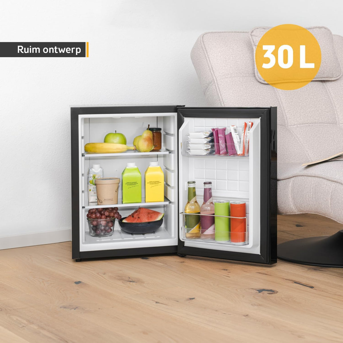 TZS First Austria - Mini koelkast 40L geruisloos - Kleine minikoelkast met verwisselbare deurscharnier & binnenverlichting - Minibar voor camping, kantoor, slaapkamer & hotel - Glazen voorkant