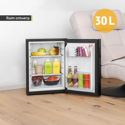 TZS First Austria - Mini koelkast 40L geruisloos - Kleine minikoelkast met verwisselbare deurscharnier & binnenverlichting - Minibar voor camping, kantoor, slaapkamer & hotel - Glazen voorkant