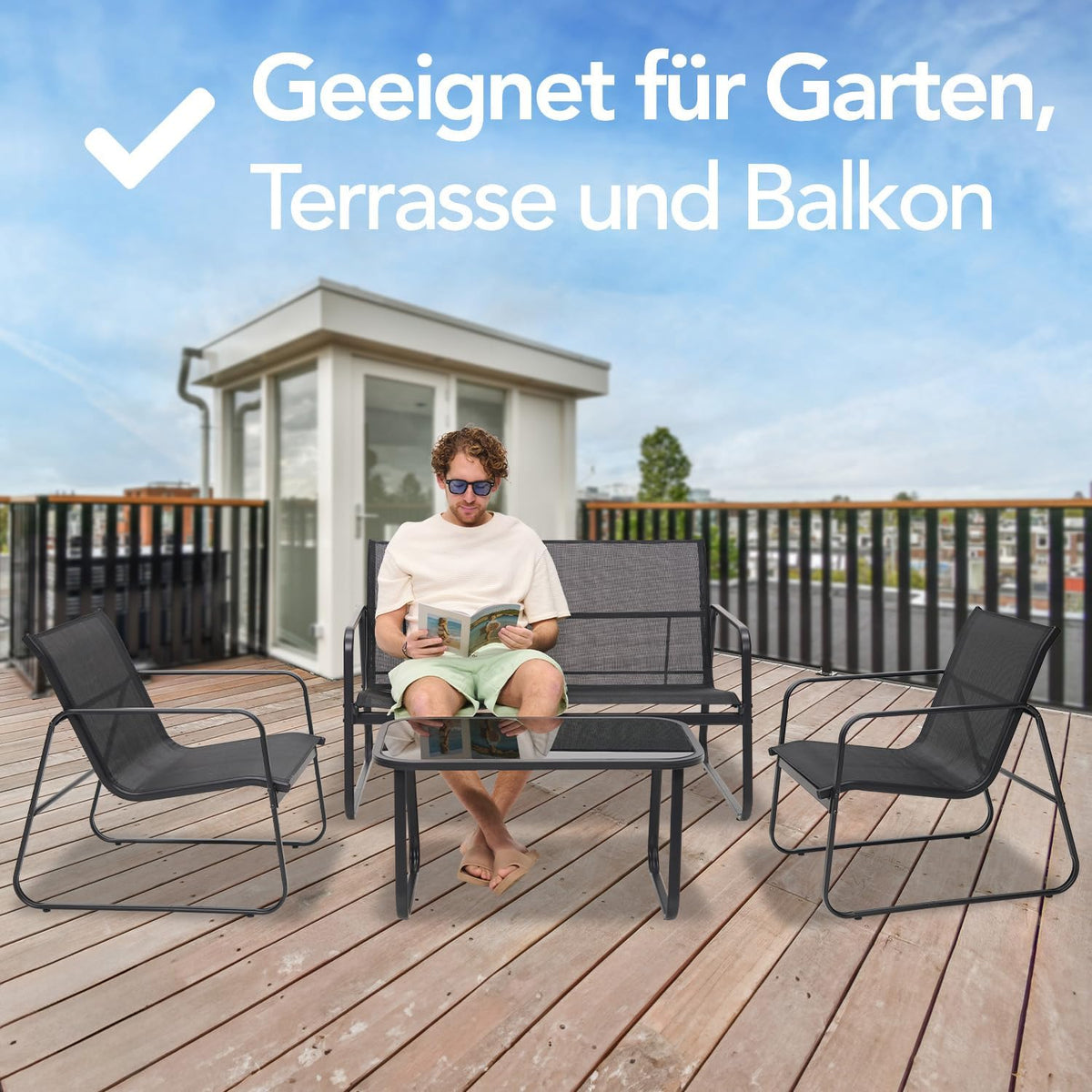 Brixy Tuinset - Loungeset - Tuinmeubelen - Tuinbank - Tuinstoelen - Tuintafel - Glazen blad - 4 Persoons - Zwart/Antraciet