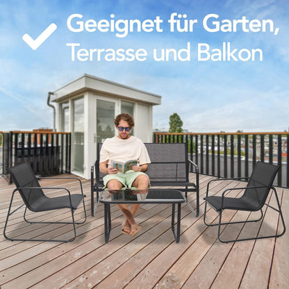 Brixy Tuinset - Loungeset - Tuinmeubelen - Tuinbank - Tuinstoelen - Tuintafel - Glazen blad - 4 Persoons - Zwart/Antraciet