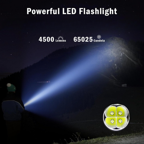 Zaklamp - Tactische Zaklamp - Oplaadbare - 4 Hoge Intensiteit LEDs - Met Riemclip - Aluminium Behuizing - 5000mAh - 4500 Lm - 3.7V - Compact - ‎IPX4 Waterdicht - 35 mm - Zwart