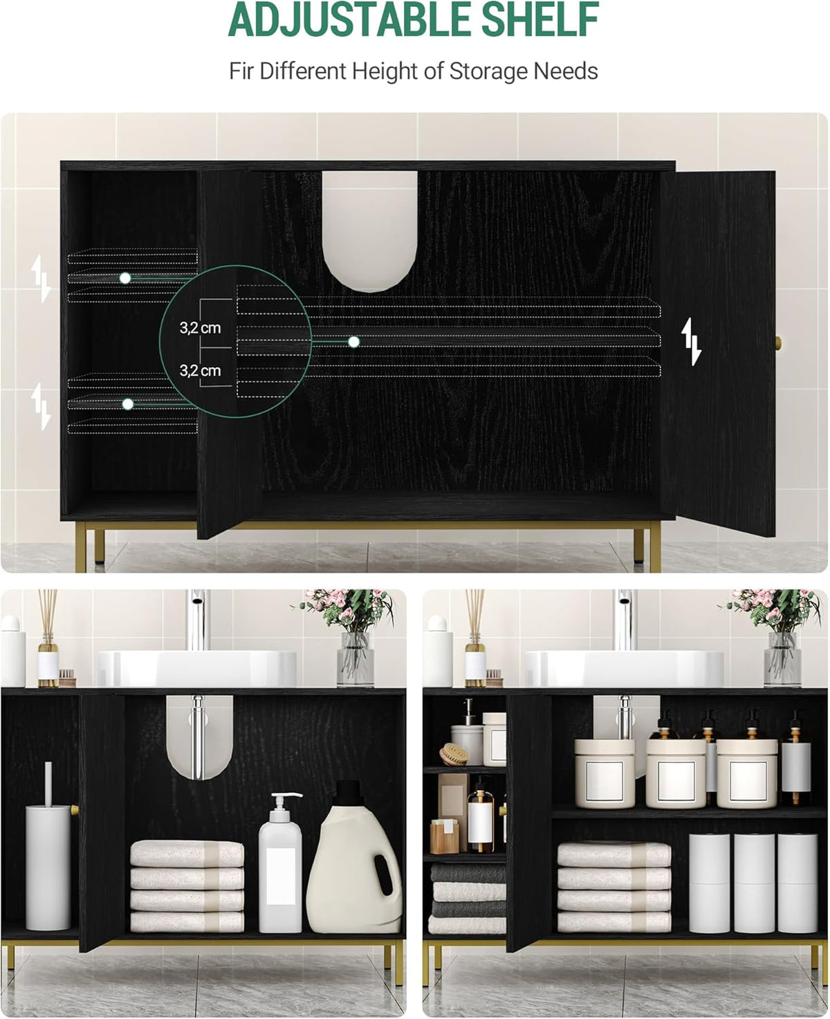 Hzuaneri Washbasin Unit, Bathroom Furniture, Under Cabinet, Extra Long, with Open Compartments and 2 Doors, Adjustable Shelf, Freestanding, For Bathroom, Black 30 x 90 x 63 cm BC09804G