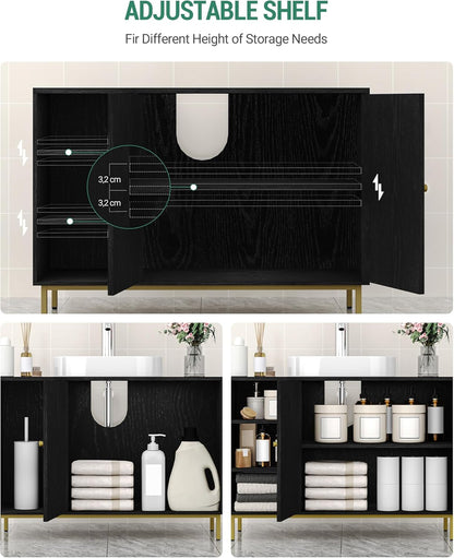 Hzuaneri Washbasin Unit, Bathroom Furniture, Under Cabinet, Extra Long, with Open Compartments and 2 Doors, Adjustable Shelf, Freestanding, For Bathroom, Black 30 x 90 x 63 cm BC09804G