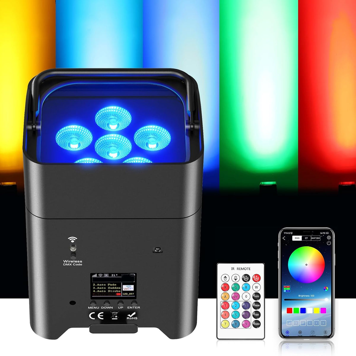 108 W batterij LED Par schijnwerper APP (IOS- en Android), oplaadbare RGBWA + UV podiumlicht uplight outdoor met afstandsbediening/DMX-discolicht voor DJ party bar bruiloft verjaardag