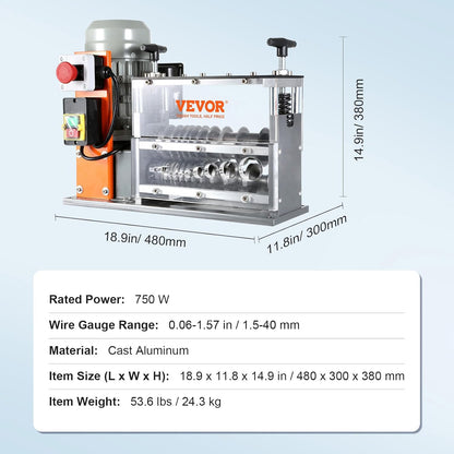 VEVOR Cable Stripper Machine, Electric, 1.5-32 mm, Cable Peeling Machine, 750 W, 30 m Per Minute, Speed, Stripping Plier, 65 m Spring Steel, Blade Ideal for Stripping Copper Wire