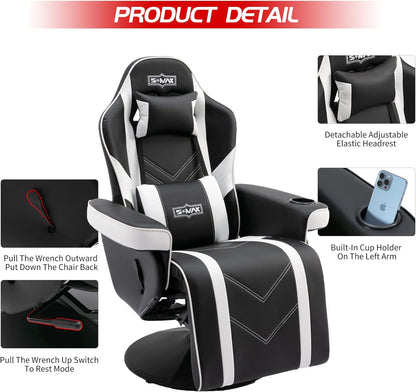 S*MAX Gaming stoel met voetensteun, gamingstoel, hoge rugleuning met verstelbare rugleuning, bekerhouder, zijtas, gamerstoelen voor volwassenen, zwart, wit, X large