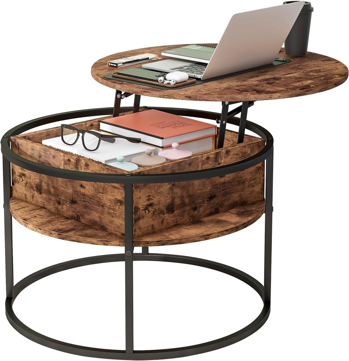 HOJINLINERO Ronde salontafel met lifttop voor woonkamer, Wsooden salontafel met verborgen opslag en lifttop, moderne sofa thee-eindtafels woonkamermeubels, bruin