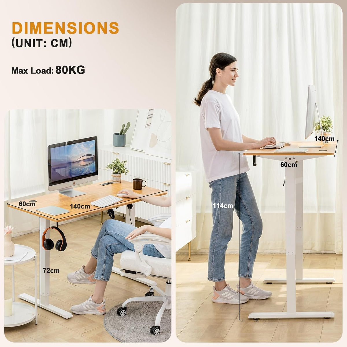 COMHOMA Electric Sitting Table 140 x 60 cm Height Adjustable Table Memory Function 2 Heights Office Bedroom Wood