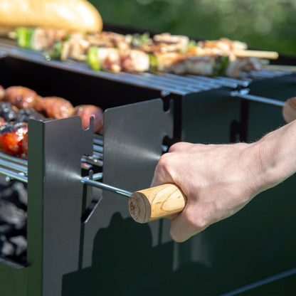 AKTIVE Draagbare houtskoolgrill met dubbele grill, metaal, 100,5 x 40 x 88,5 cm, 3 verstelbare hoogtes, 2 wielen voor eenvoudig transport, geëmailleerd metaal en hout, houtskoolbarbecues (52975)
