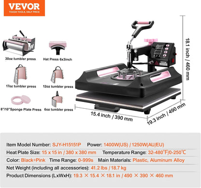 VEVOR Pro 15 x 15 warmtepers met 850 ml tuimelaarbevestiging, 8in1 combobeker hoed warmtepers voor T-shirts, tuimelaars, glazen blikjes, mokken, hoeden en borden (zwart en roze)