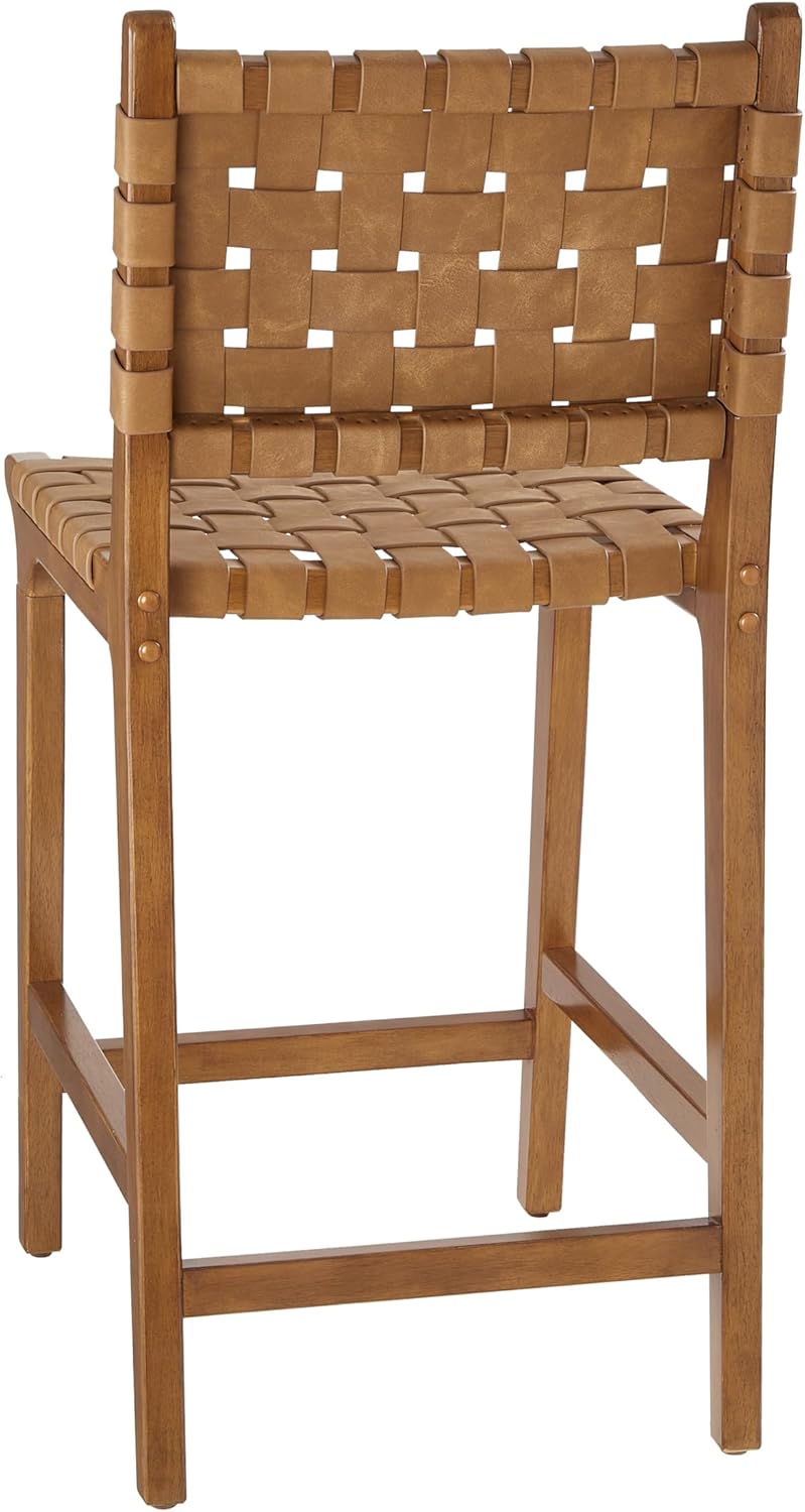 Ball & Cast PU lederen geweven tegenkruk, houten frame keuken eiland barkruk met voetsteun, rugleuning geweven kruk-stoel voor dineren, bruin