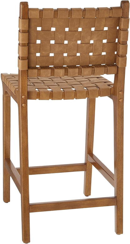 Ball & Cast PU lederen geweven tegenkruk, houten frame keuken eiland barkruk met voetsteun, rugleuning geweven kruk-stoel voor dineren, bruin