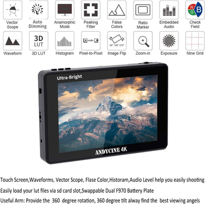 ANDYCINE C7 C7 Inch Ultra Clear 2200nit 1920x1200 Touch Screen 4K HDMI On/Off with Waveform/Vector Range/3D Lut for DSLR Mirrorless Camera A72 A73 A7M4 Z50 R50 EOS R8 - QUORE