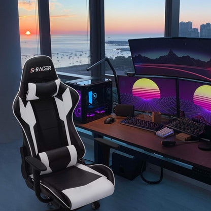 Homall Gamingstoel, bureaustoel, draaibare racestoel, computerstoel, pc-gamerstoel, ergonomisch ontwerp, zwaar belastbare stoel, hoge rugleuning ligstoel met kussen en rugsteun (wit)