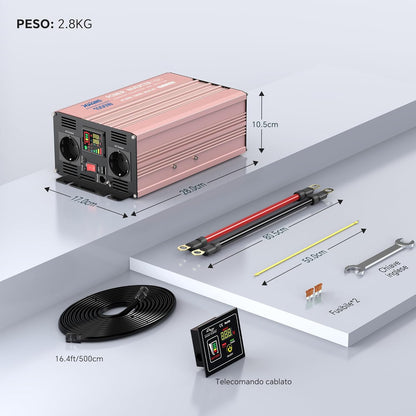 XWJNE Spanningsomvormer, 12 V naar 230 V, 1000 W/2000 W, zuivere sinus, omvormer met 2 AC-stopcontacten, 1 USB-uitgang 5 V, bekabelde afstandsbediening en led-display voor auto, camper, vrachtwagen