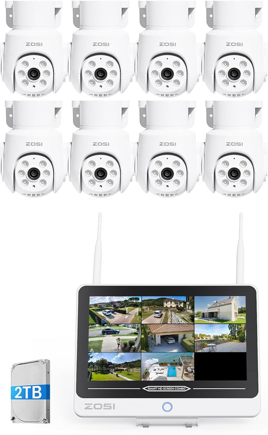 ZOSI 5 MP WiFi bewakingscamera set met NVR 8CH 2TB monitor 12 inch, Pan & Tilt 360° zicht, personendetectie en tracking, kleur nachtzicht, onmiddellijke waarschuwing