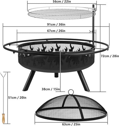 Kalolary 36 Inch Grote Buitenvuurkorven, 2 in 1 Tuinvuurkorf met Stalen BBQ Grill Kookrooster Vuurkorf met Deksel en Vuurpook Zwarte Hittebestendige Vuurkorf voor Tuin, Kampvuur, Kamperen, Picknick