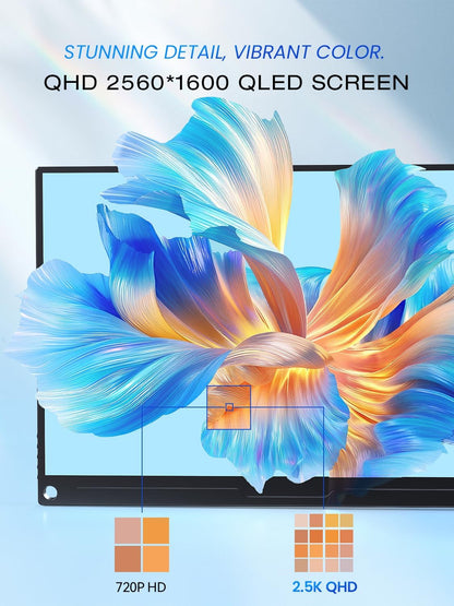 UPERFECT Draagbare Monitor QLED 16 Inch 2.5K QHD Oogverzorging 150% sRGB 2000:1 500Nits IPS Mat Scherm met HDMI USB C voor Laptop PC Mobiele Telefoon, Mobiel Display VESA-compatibel
