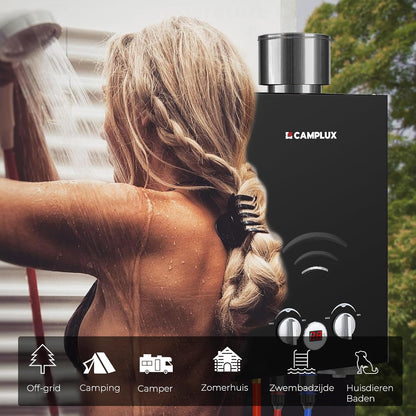 CAMPLUX BW158BC 6 L/min Gas Boiler, Butaan (28-30mbar)/ Propaan (37 mbar), 10 kW, voor Camping, RV, Wassen Paarden