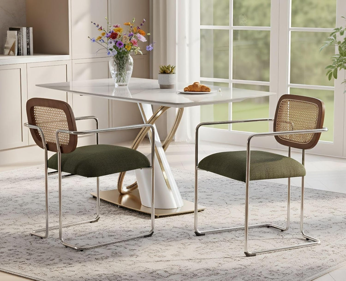 chairus Upholstered Dining Chairs Set of 2 Kitchen Accent Chairs with Rattan Backrest Modern Linen Armchair (Green) - QUORE