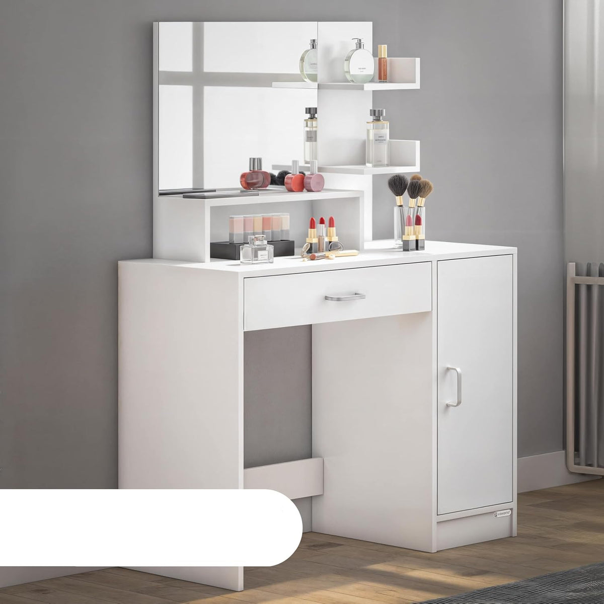 CASARIA Dressing Table Jocelyn 90x40x140 cm Mirror Cabinet Drawer 3 Shelves Bedroom Makeup Table Cosmetics Table Modern Wood White - QUORE