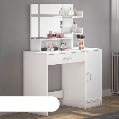 CASARIA Dressing Table Jocelyn 90x40x140 cm Mirror Cabinet Drawer 3 Shelves Bedroom Makeup Table Cosmetics Table Modern Wood White - QUORE