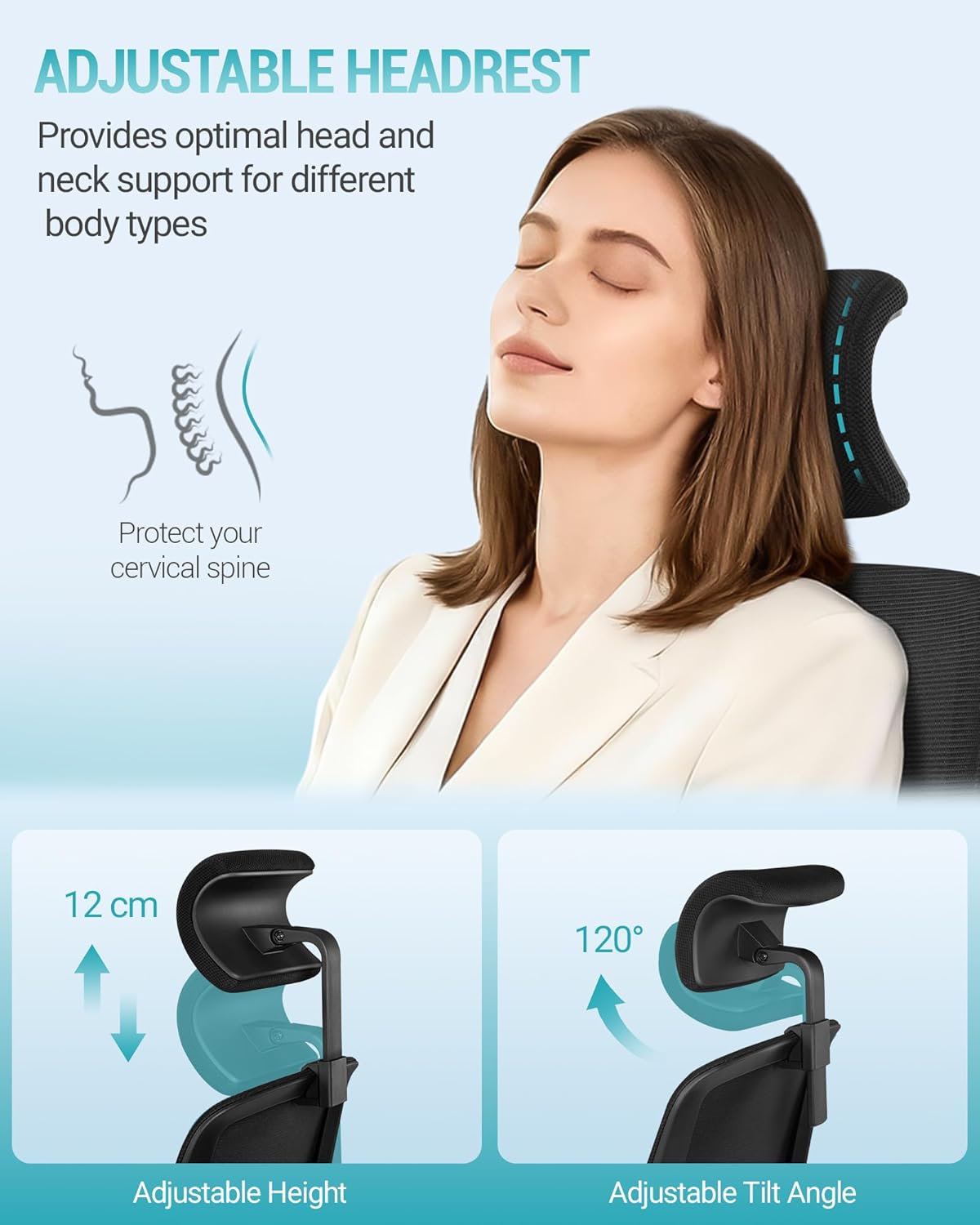 Hzuaneri Ergonomic Office Chair, Computer Chair, Gaming Chair, Mesh Chair, Adjustable Lumbar Support and Headrest, Maximum Load Capacity r150kg, Height Adjustable, Black ON00199B